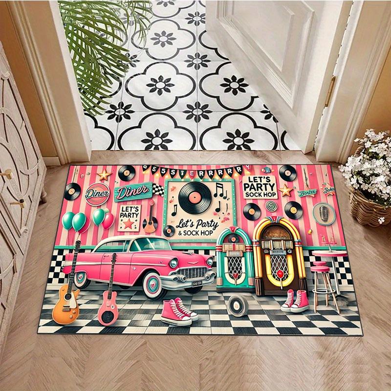 Retro Car & Rock Bar Themed Rug, non-slip rug, suitable for living room, bedroom, game room, computer room and home décor.