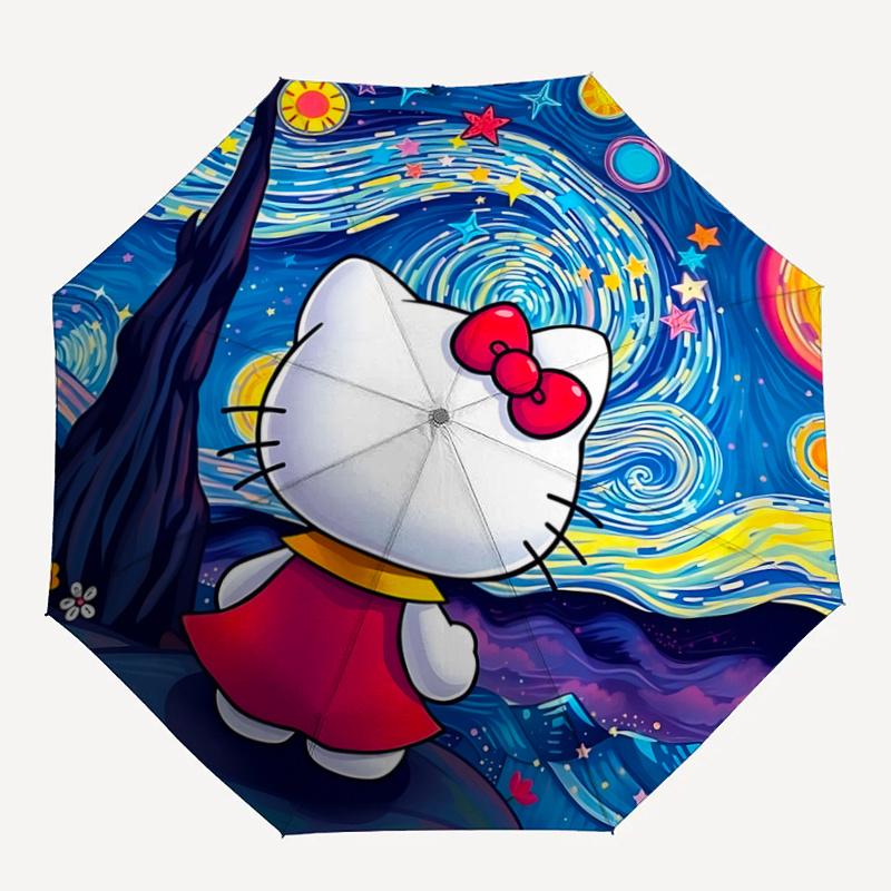 1pc Hello Kitty Starry Night Automatic Opening Folding Umbrella - Portable 3-Fold Design with Iron Frame, Perfect for Outdoor Use, Festive Gifts, Trav