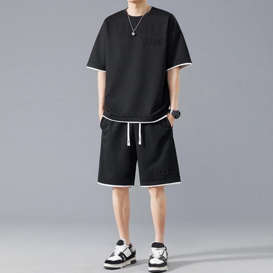 Мужской летний наряд из 2 шт./компл., футболка с коротким рукавом и круглым вырезом, эластичная талия, регулируемый шнурок, широкие шорты, комплект, поддельные