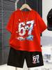 2026 Boys Clothes Casual Short Sleeve 67 Digital Ice And Fire Patterned T-Shirt Print Sports Set Short-Sleeved Top Shorts Set