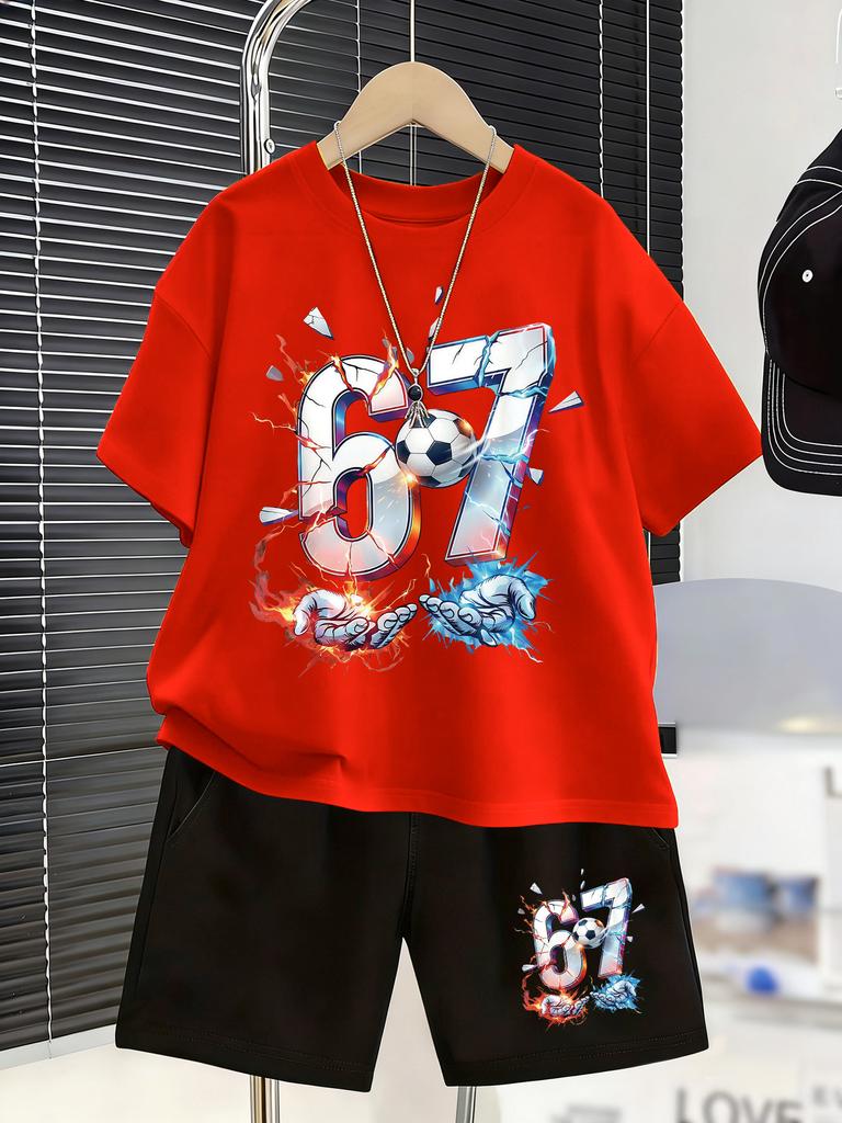 2026 Boys Clothes Casual Short Sleeve 67 Digital Ice And Fire Patterned T-Shirt Print Sports Set Short-Sleeved Top Shorts Set