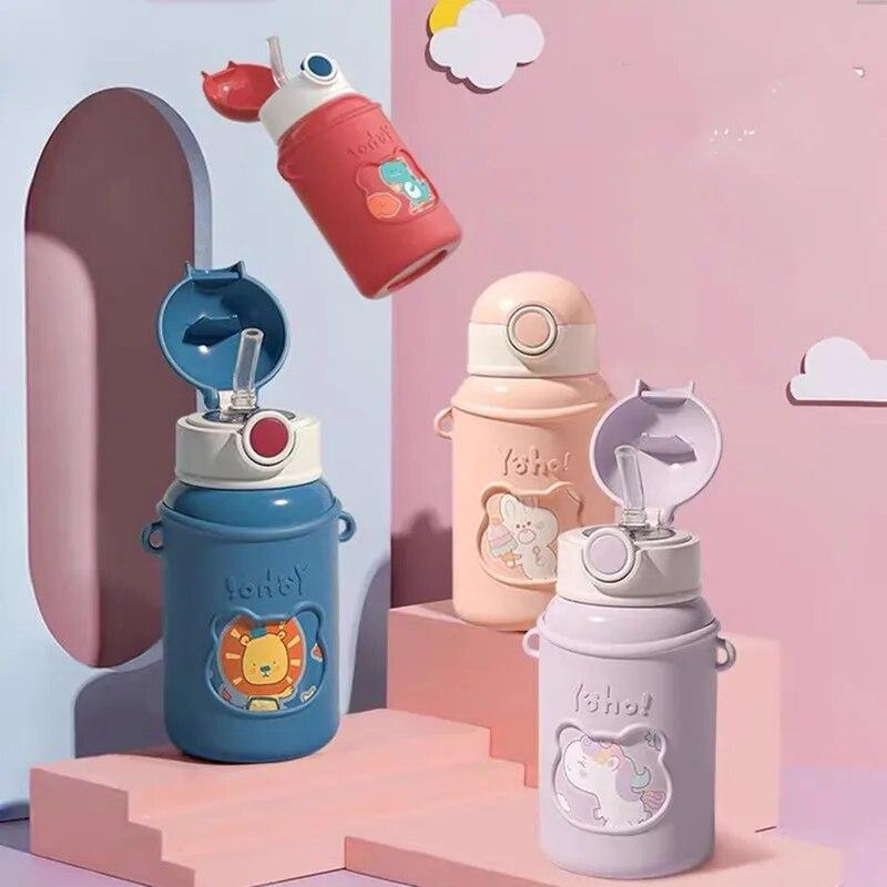 450ml Kids Thermos Mug with Straw 304 Stainless Steel Cup Cartoon Vacuum Flask Children Cute Thermal Water Bottle Household Straw Cup Insulation Cup