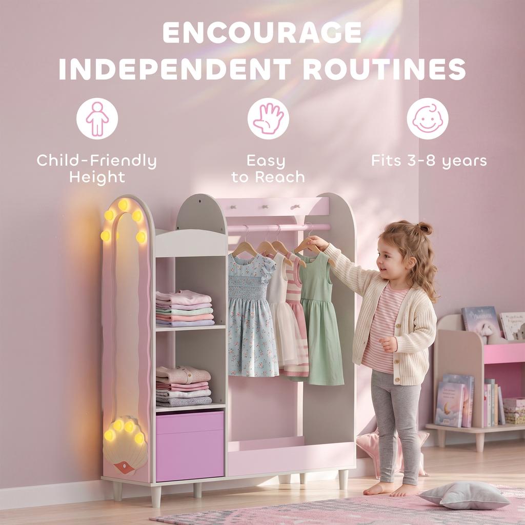 Kids Clothing Rack Kids Wardrobe With Glowing Lights Mirror Non Woven Drawer And Shelves For Bedroom Ages 3 8 Pink