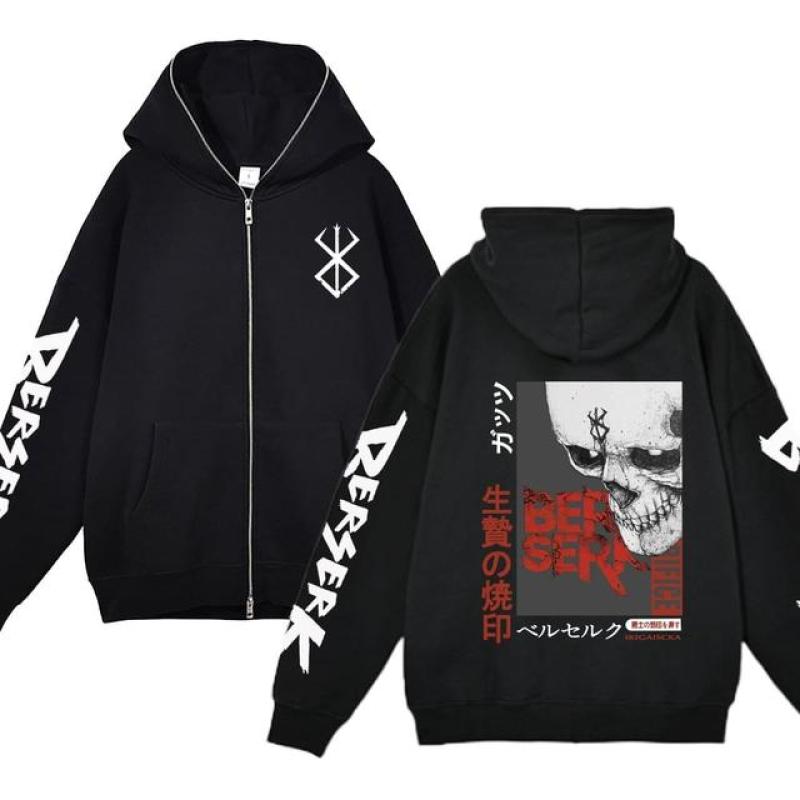 Осенние флисовые куртки на молнии с капюшоном в стиле аниме «Берсерк», толстовки с принтом, уличная одежда, свободные мужские толстовки с капюшоном в стиле Харадзюку, повседневные кардиганы, пальто