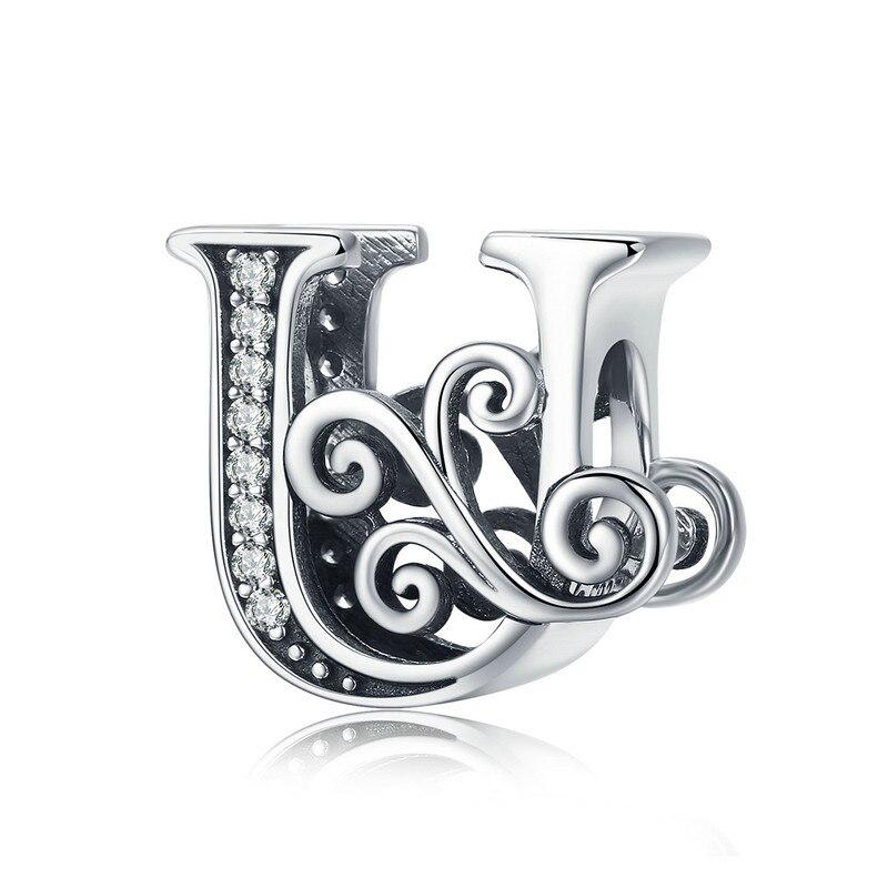 Bamoer Authentic 925 Sterling Silver Vintage Letter A To Z Zircon Bead Charms Fit Original Charm Bracelets DIY Jewelry