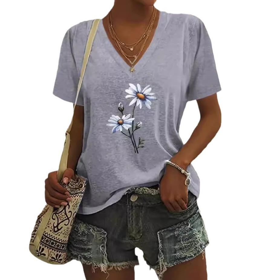Summer V-neck 3D Flower Pattern Printed Top Fashionable Casual Short Sleeved Women's T-shirts