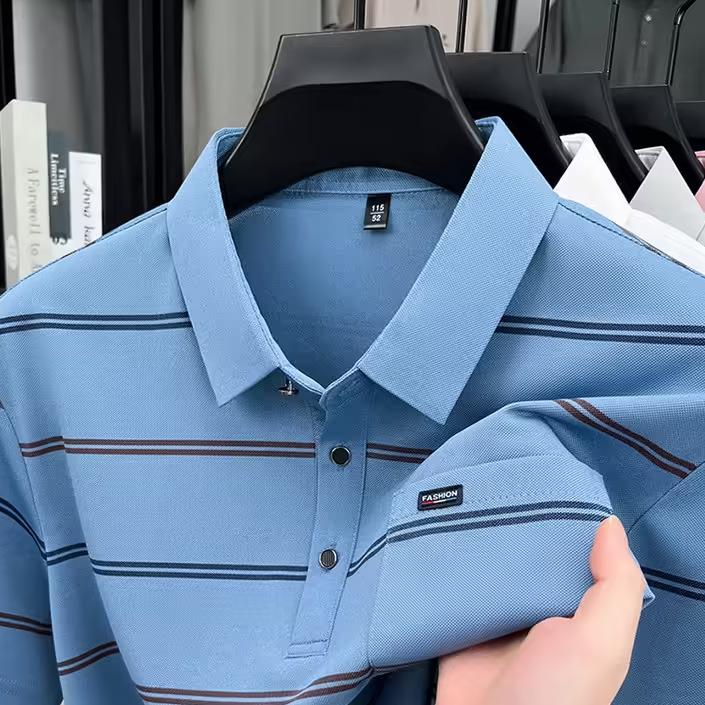 Поло с отложным воротником в полоску, короткий рукав, летнее, свободного кроя, Business Casual, топ, футболка-поло
