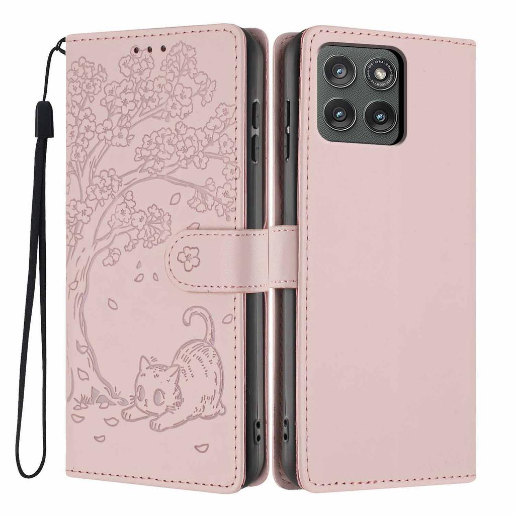 For Motorola Edge (2025) 5G Stand Case Tree-and-Cat Pattern PU Leather Wallet Protective Phone Cover with Wrist Strap