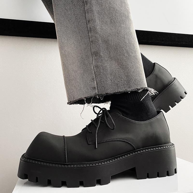 Мужские кожаные туфли на толстой подошве с квадратным носком, платформа 3,5 см, на шнуровке, летняя повседневная обувь на массивном каблуке, черные туфли для увеличения роста