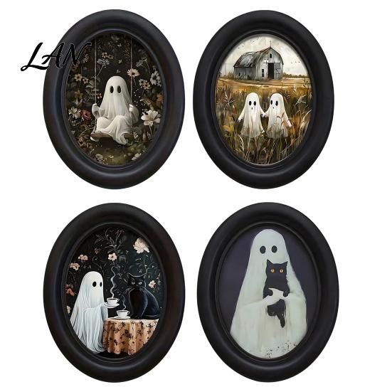 Ghost Oil Painting Print Halloween Wall Art, Cute Table Sign, Vintage Oval Framed Decor Picture, Decorative Art for Mantel Living Room Bedroom