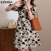 Летнее женское мини-платье с короткими пышными рукавами и квадратным воротником с цветочным принтом