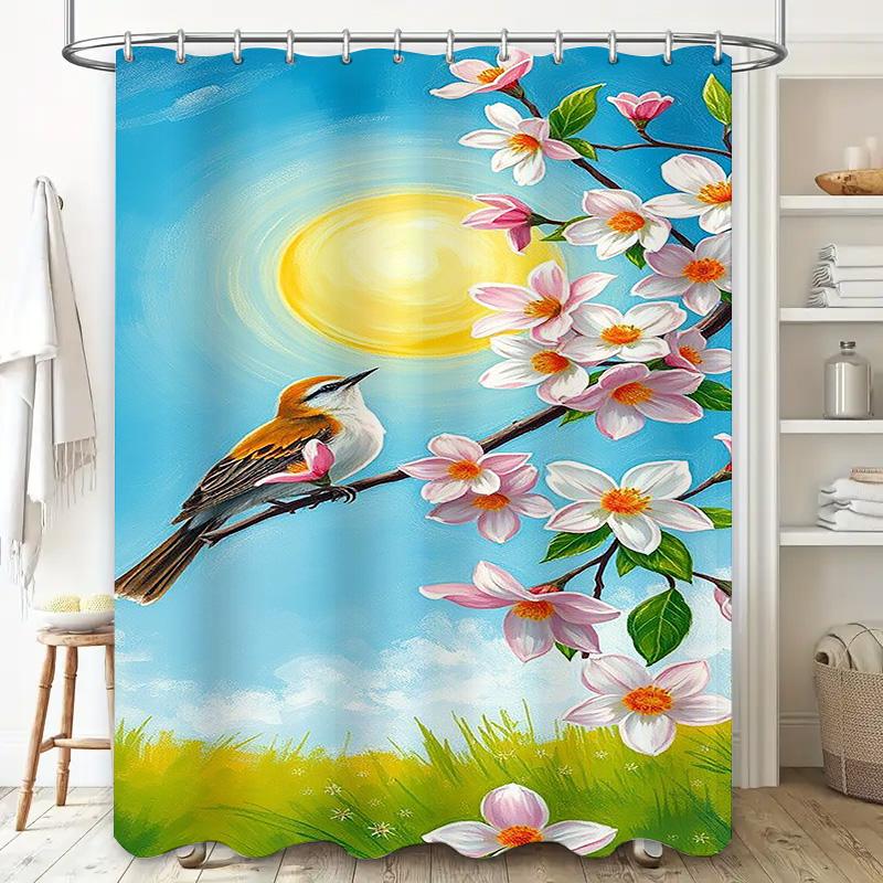 Sunshine and Bird on Cherry Blossom Branch Waterproof Shower Curtain Heat Resistant Machine Washable Non-Transparent 180x180cm