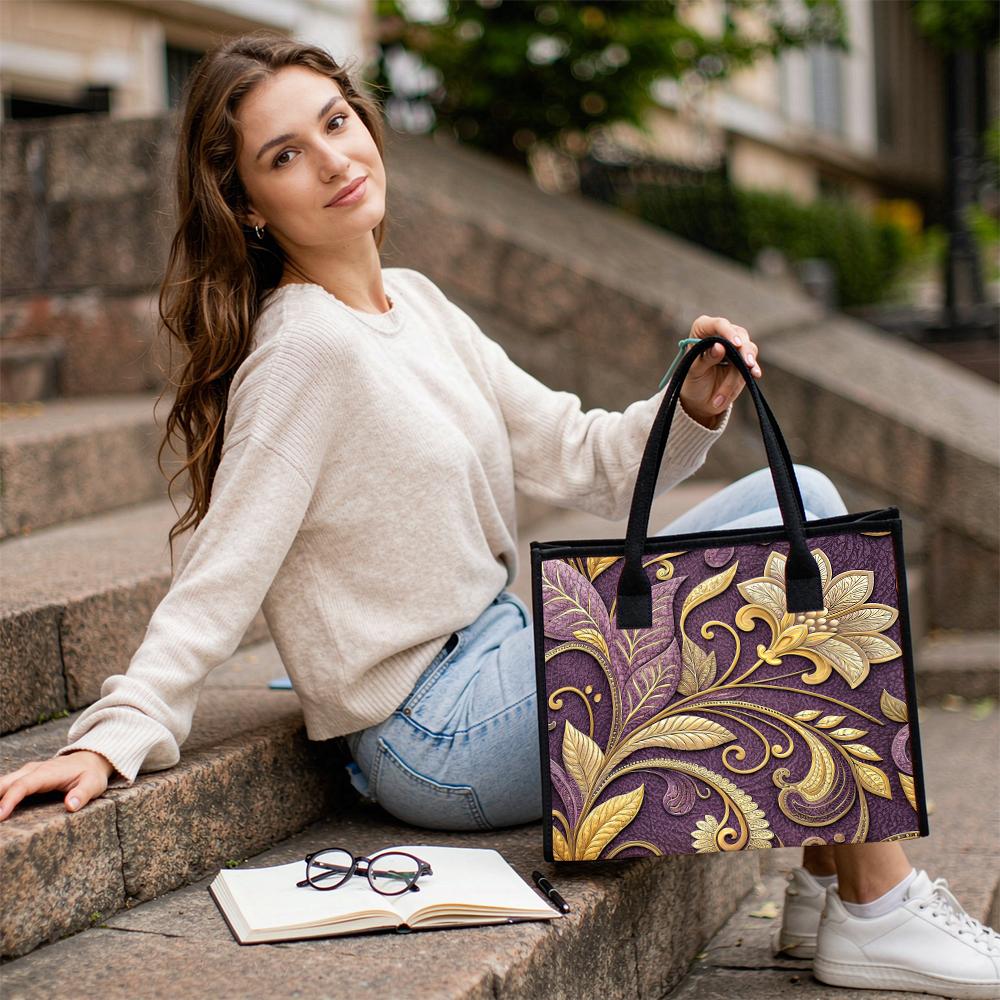 Elegant Purple Golden Floral Pattern Women's Casual Tote Bag for Daily Shopping Travel Commuting Use