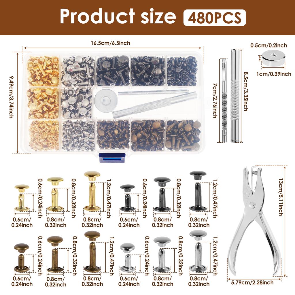480Pcs 6/8mm Metal Double Cap Leather Rivets Set with Hammer and Punch Plier Studs Shoes Bag Belt Clothing Repair Accessories