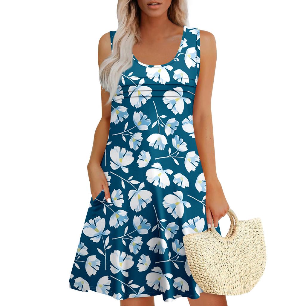 Женские летние платья Свободные сарафаны без рукавов Платье с карманами