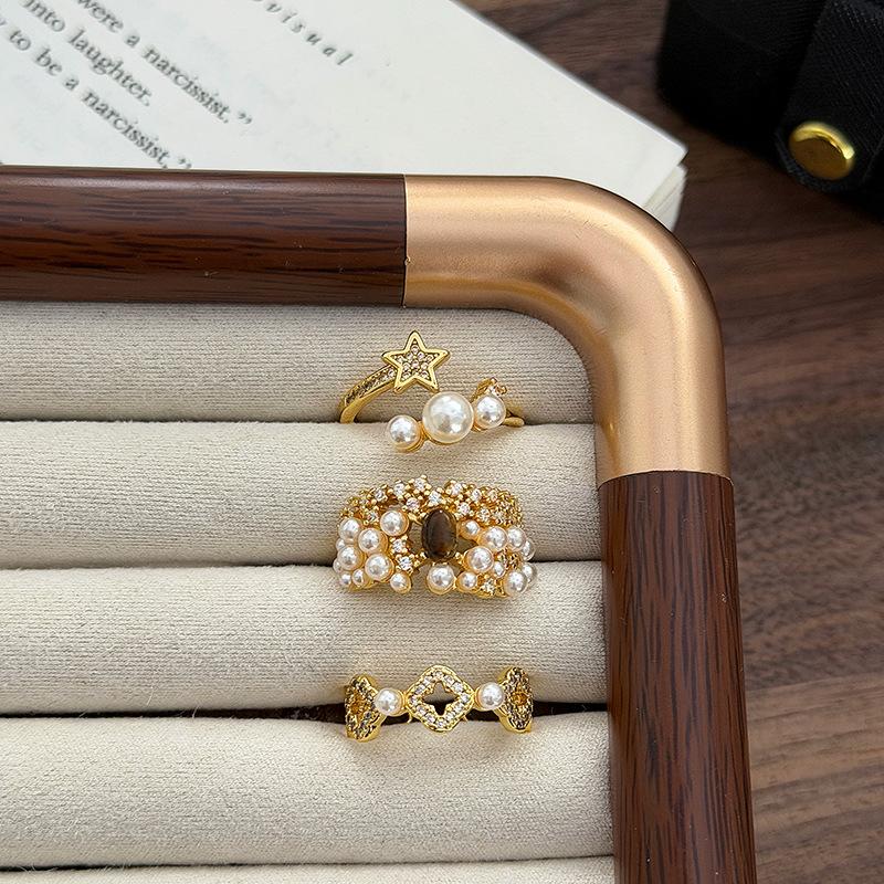 Light Luxury Sweet Gold Bead Star Clover Diamond Zircon Crown Imitation Tiger'S Eye Open Ring Stacked Women