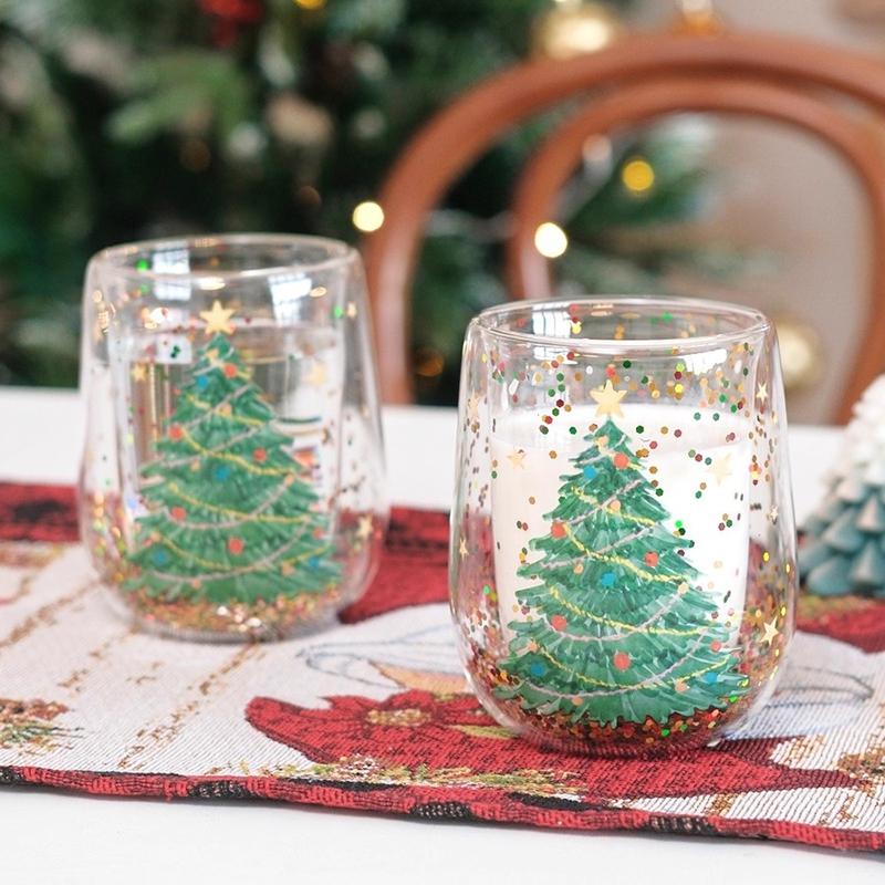 Стеклянная чашка Рождественская Стеклянная чашка с двойными стенками Кружка для кофе и молока Прозрачная бутылка для воды Термостойкая Защита от ожогов Двухслойная чашка