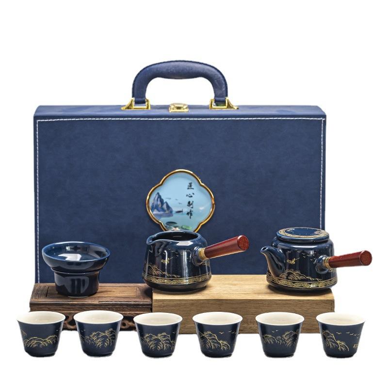 Цзи синий глазурованный набор для кунг-фу чая, сервировочный чайник для гостиной, керамическая чайная чашка, полный набор подарков, чайная церемония, легкая роскошь, ретро чайный сервиз