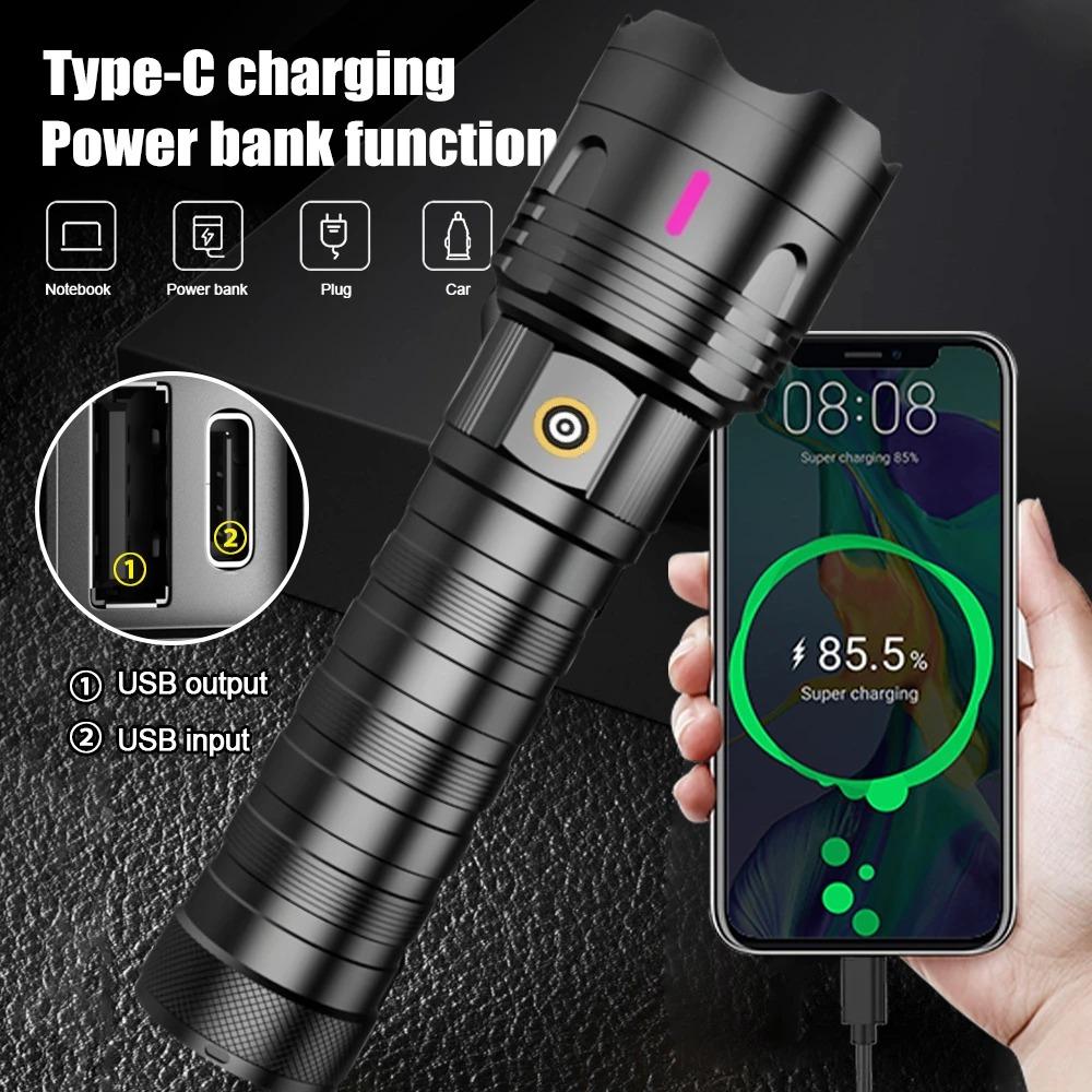High Power Long Range LED Flashlight Zoomable Type-C Rechargeable Tactical Handheld Light for Outdoor Camping Fishing