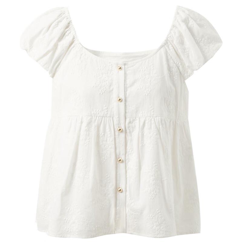 Sancai Women's Embroidered Cotton Babydoll Flutter Sleeve Top