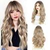 Synthetic Long Wavy Wigs Mixed Brown Blonde Wigs With Bangs Extensions Natural Wigs For Women Daily Cosplay