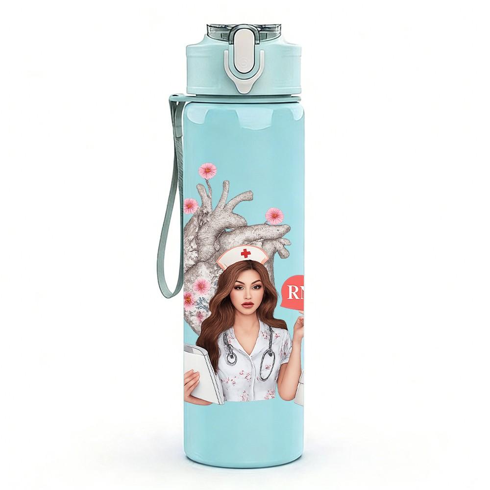 1PC Nurse Glasses Cute Portrait 750ml Color Plastic Sports Water Bottle Leakproof Flip Straw Lid Suitable for Sports Office Home Use
