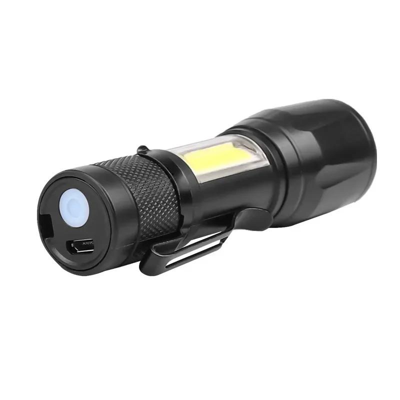 Mini LED Flashlight COB+XPE Portable Torch USB Charging Camping Lantern Zoomable Focus Light Tactical Flashlight with Pen Clip