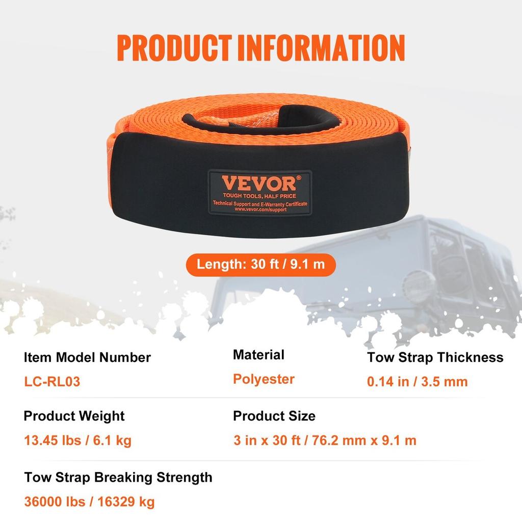 Polyester Heavy Duty Tow Strap Recovery Kit 3" x 30 ft (MBS-36,000 lbs) Winch Strap, Triple Reinforced Loop, Snatch Strap + 2" Shackle Hitch Receiver