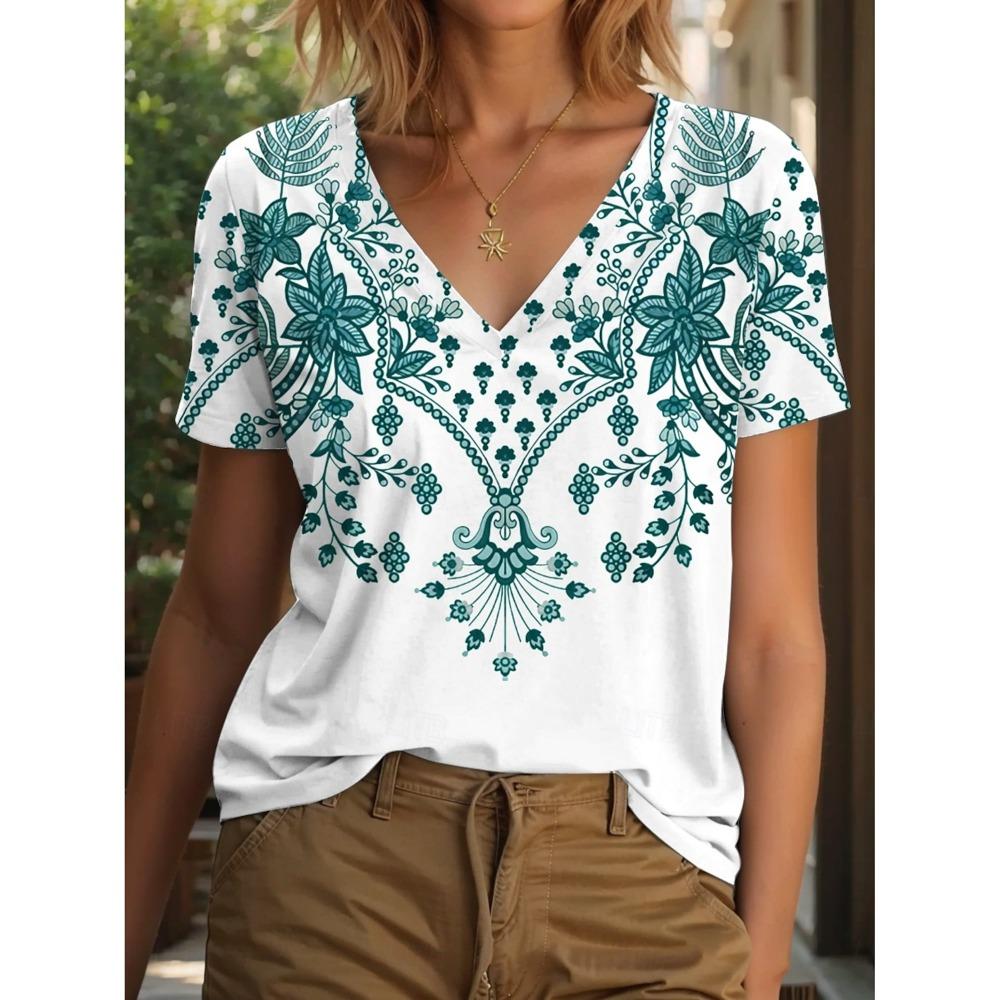 2025 Ethnic Women's T-Shirt Vintage Graphics Fashion Short Sleeved V-Neck Regular Tops Daily Print Tee Summer Casual Tops