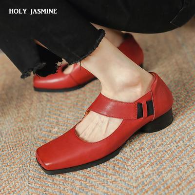 Женские весенние туфли из натуральной кожи с квадратным носком 2024 года, новые весенние туфли на высоком каблуке для женщин, рабочая обувь для вечеринок, женские туфли на каблуках