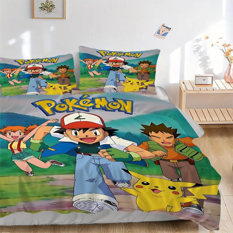 3pcs Pokémon with Friends Printed Quilt Set - Soft and Comfortable Quilt Cover for Bedroom, Guest Room and Dormitory Decorative Bedding Set