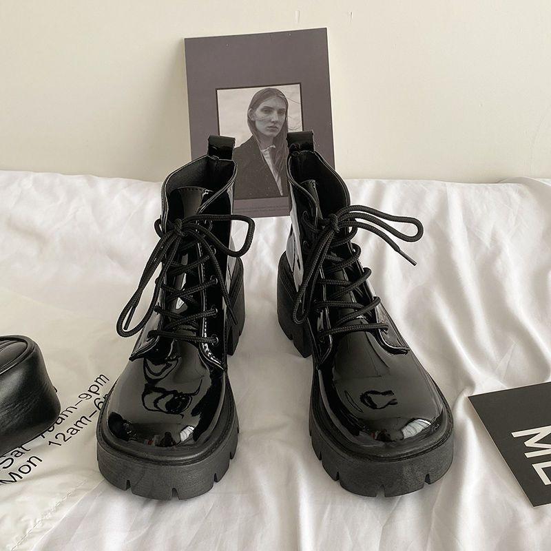 Обувь Ботильоны на платформе Ботинки на шнуровке Короткие армейские туфли для женщин Черные женские ботильоны со шнурками в стиле панк Массивные байкерские ботинки Распродажа
