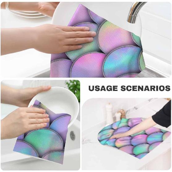 Mermaid Fish Scale Wave Kitchen Towels Set of 2 Japanese Watercolor Colorful Silver Line Scales 3D Dish Towels Absorbent Soft Hand Tea Bar Towels for