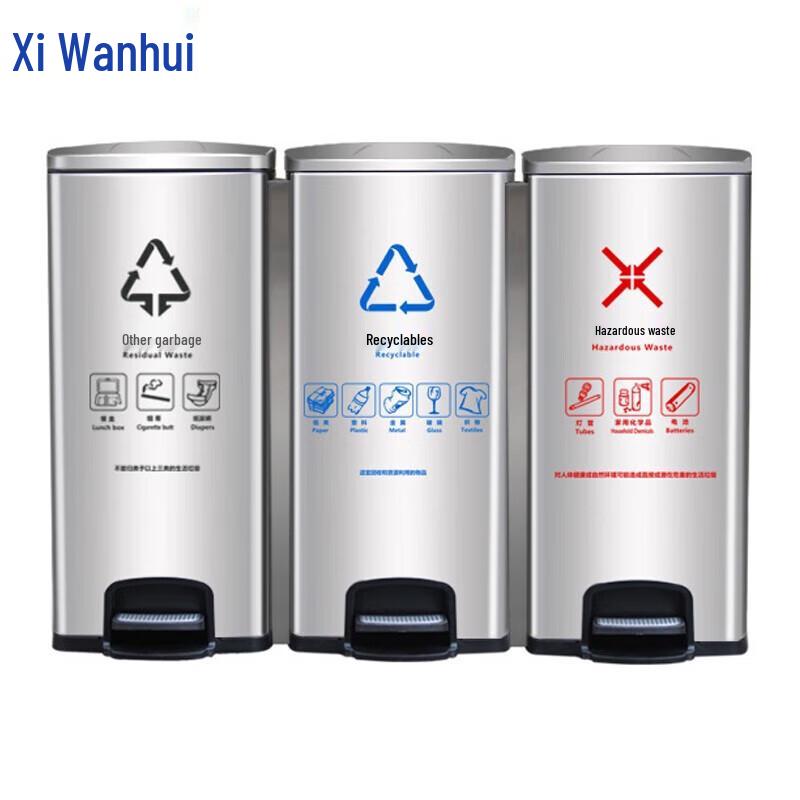 Xiwanhui XWH0121 90L Commercial Stainless Steel Pedal Waste Sorting Bin