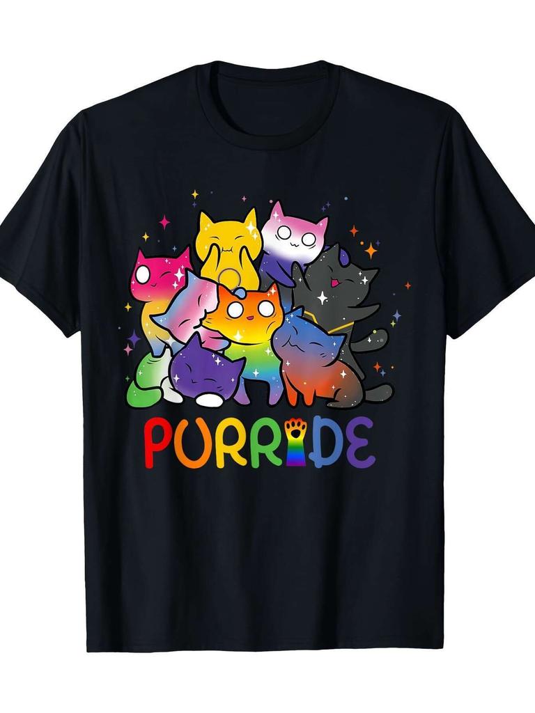 LGBTQ+Pride Rainbow Cat T-shirt 100% Cotton Casual Edition Suitable for Men and Women Animal Enthusiasts Pure Cotton T-shirt