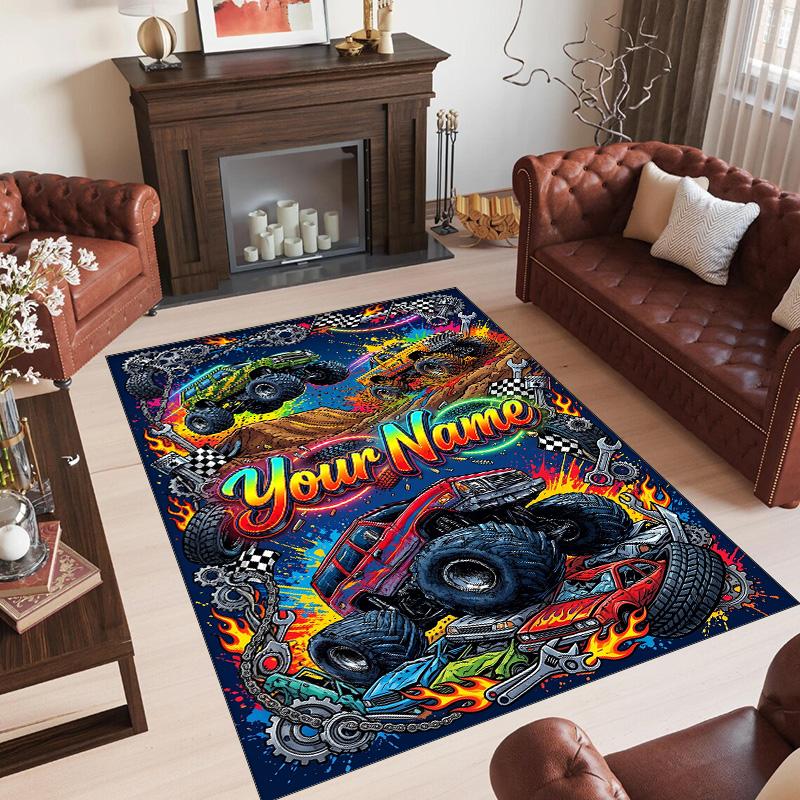 Monster Truck Theme Crystal Velvet Rug Personalized Custom Name Text Soft Floor Mat Home Decor