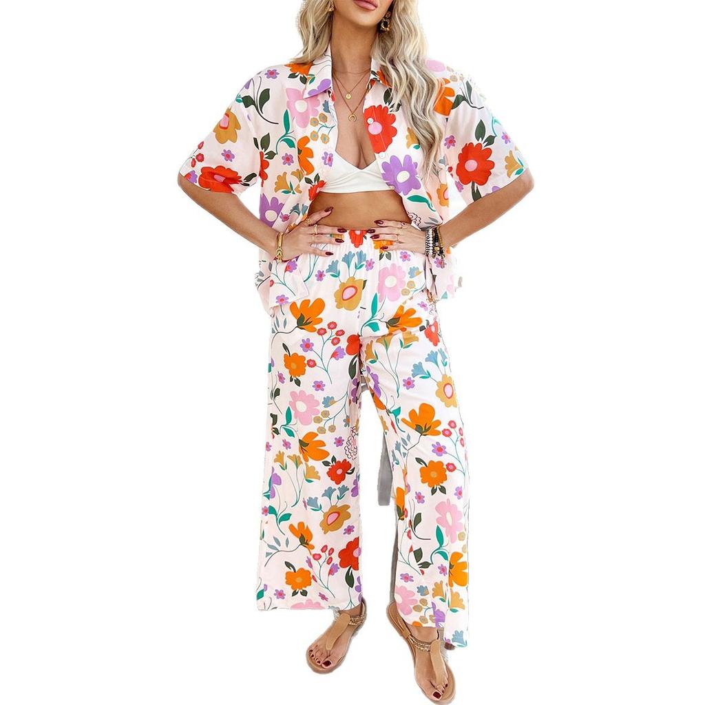 Spring/Summer Casual Holiday Style Geometric Clashing Cardigan Short Sleeve Wide Leg Pants Set