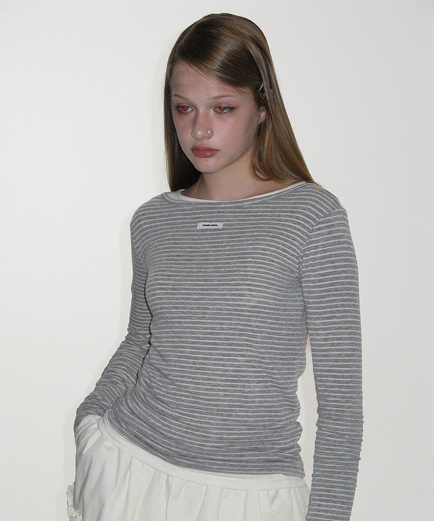 CRANK Striped Basic Boat Neck Top_Gray