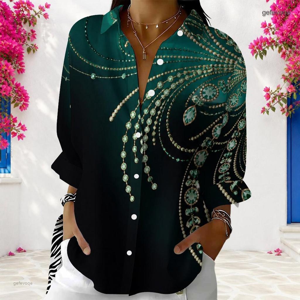 Women Plus Size Black Gold Geometric Printed Collared Long Sleeve Button Front Shirt