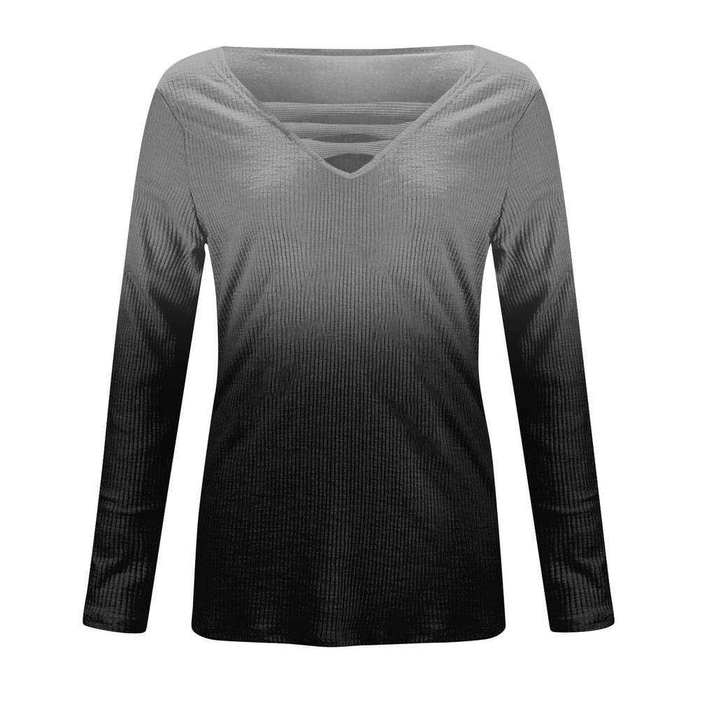 Женская футболка, модная, повседневная, с градиентным цветным принтом, V-образным вырезом, облегающая, с длинным рукавом