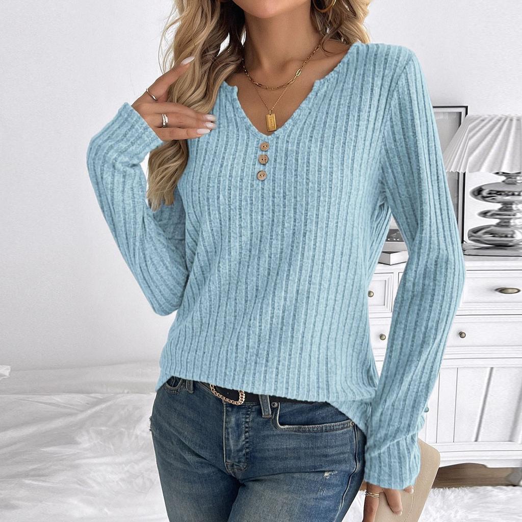 Повседневный трикотажный повседневный полосатый новый топ с V-образным вырезом и длинными рукавами на пуговицах для женщин
