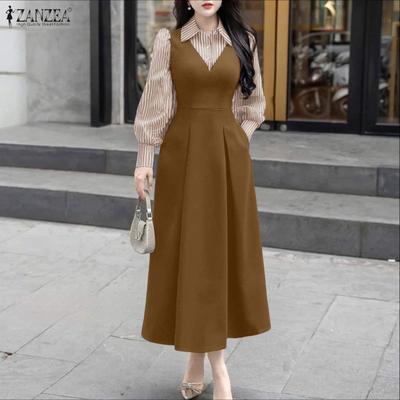 Женское повседневное платье в полоску, пэчворк, с отложным воротником и длинным рукавом