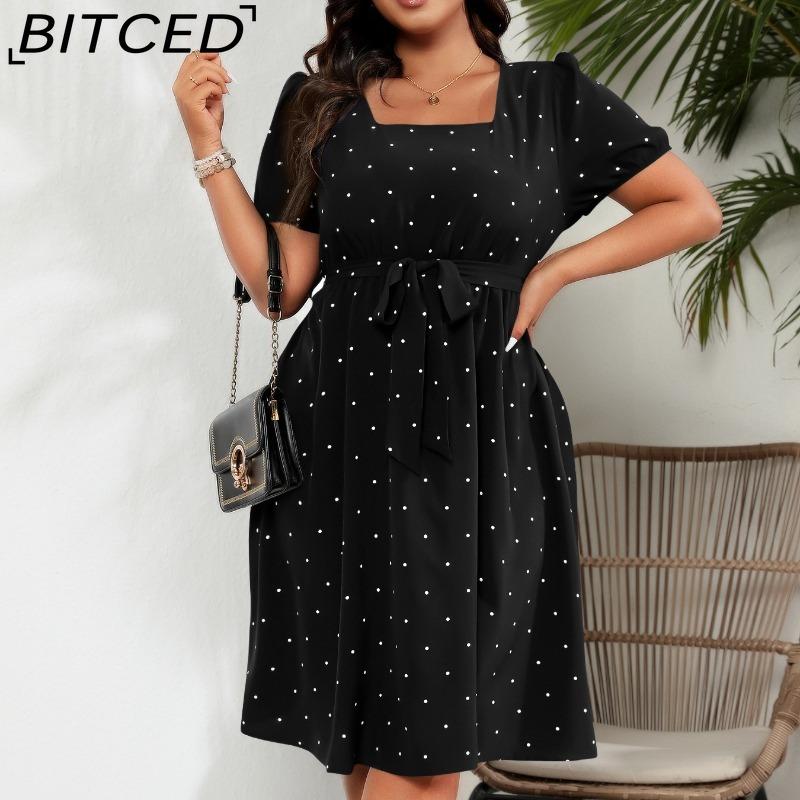 BITCED Женское Элегантное Винтажное Платье в Горошек с Поясом и Квадратным Вырезом, Полная Юбка, Большие Размеры