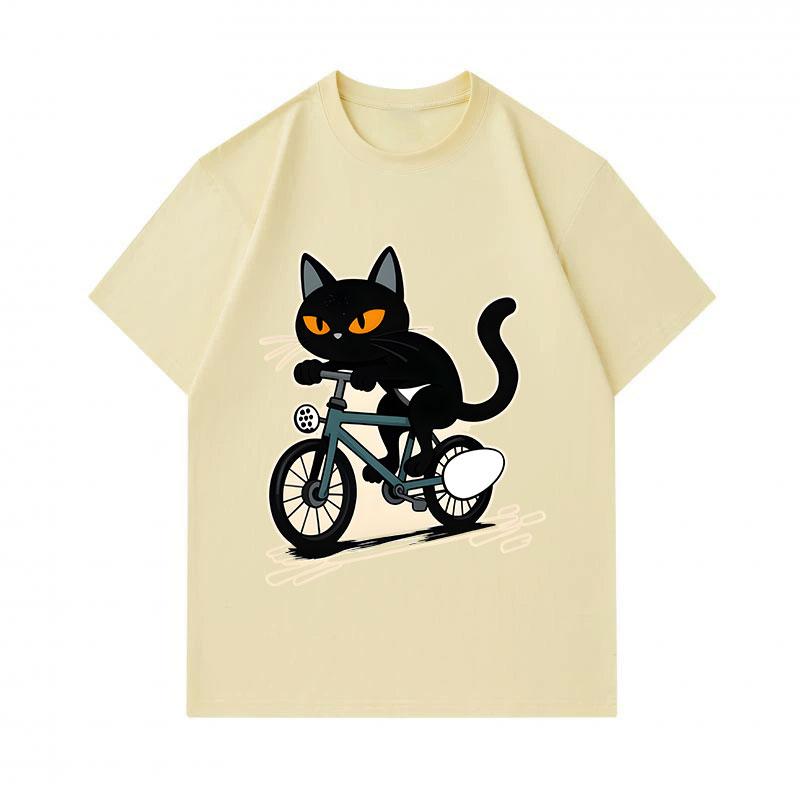 Men's 100% Cotton Crew Neck Short Sleeve T-Shirt, Funny Riding Bicycle Black Cat Graphic Casual Tee, Comfortable Breathable Summer Top for Daily Stree