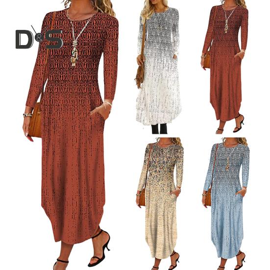 Осенне-весеннее женское платье с круглым вырезом и карманами, длинными рукавами, трапециевидным принтом, свободное платье макси с нерегулярным подолом для свиданий