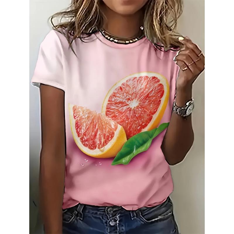 2025 Summer Round Neck Women's T-Shirt Casual Loose Simple Design Top Fashion 3d Printed Fruit Pattern Short Sleeve T-Shirt