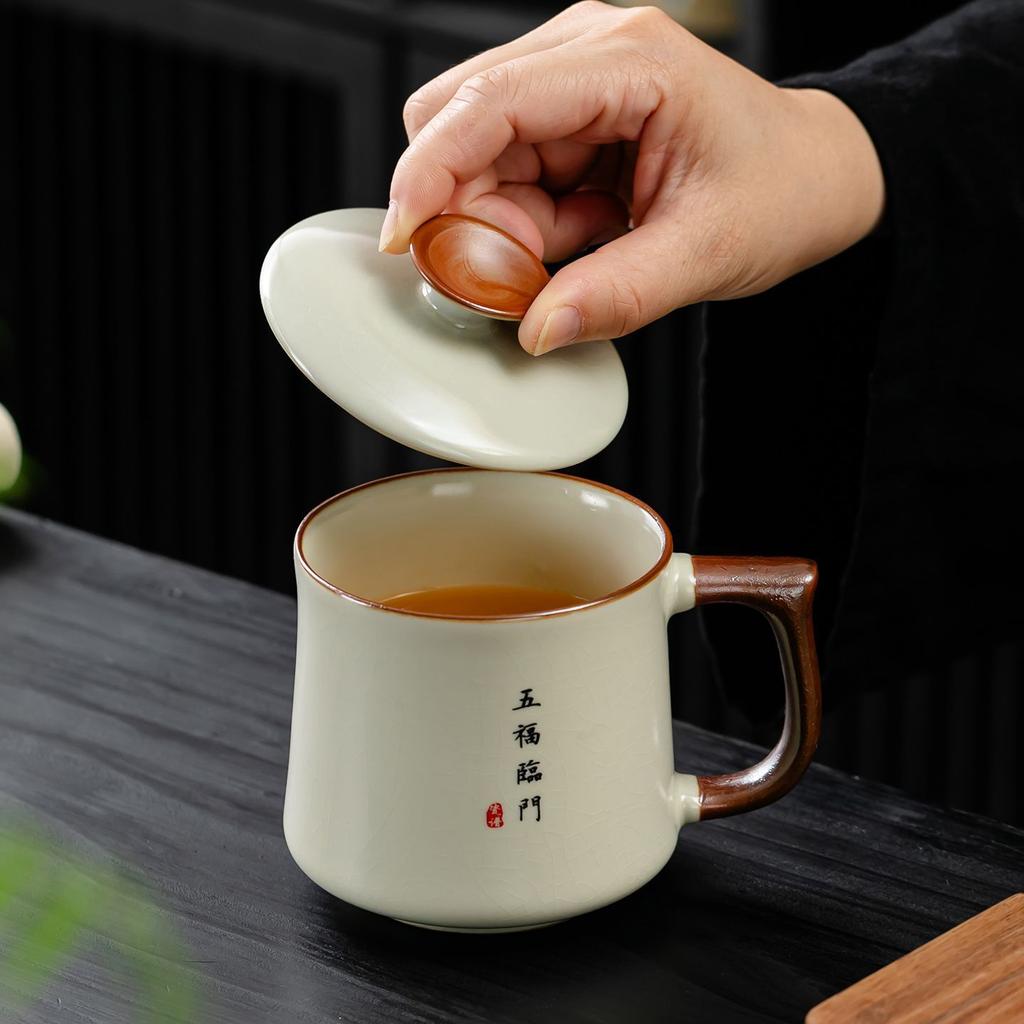 Ru kiln ceramic teacup with lid, personal water cup, large capacity, high-end office tea cup, home tea cup