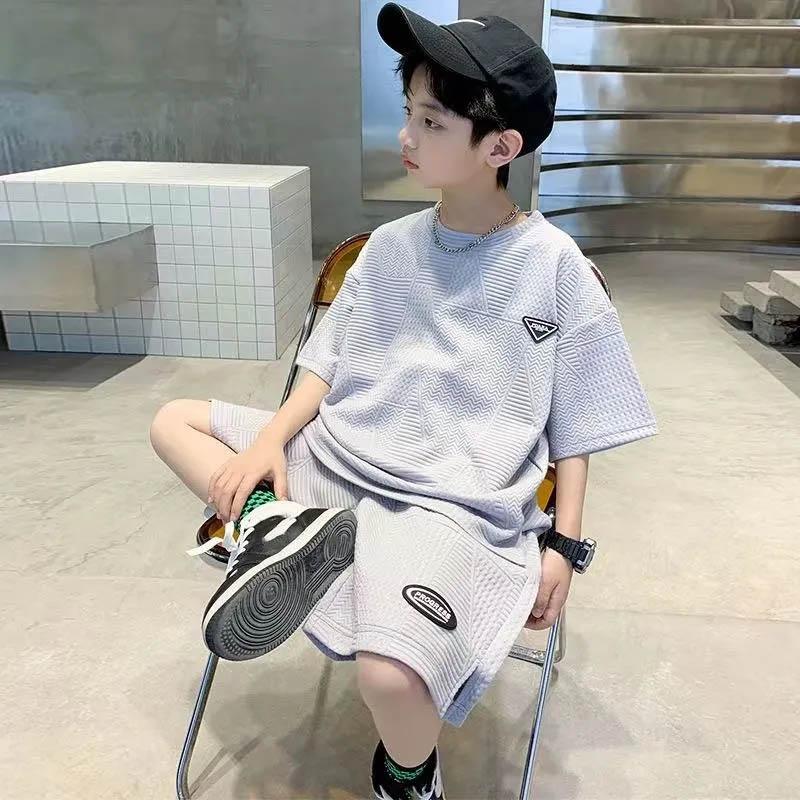 Boys Spring and Summer Round Neck Quick Dry Jacquard Solid Colour Short Sleeve Top + Shorts Casual Two-piece Set