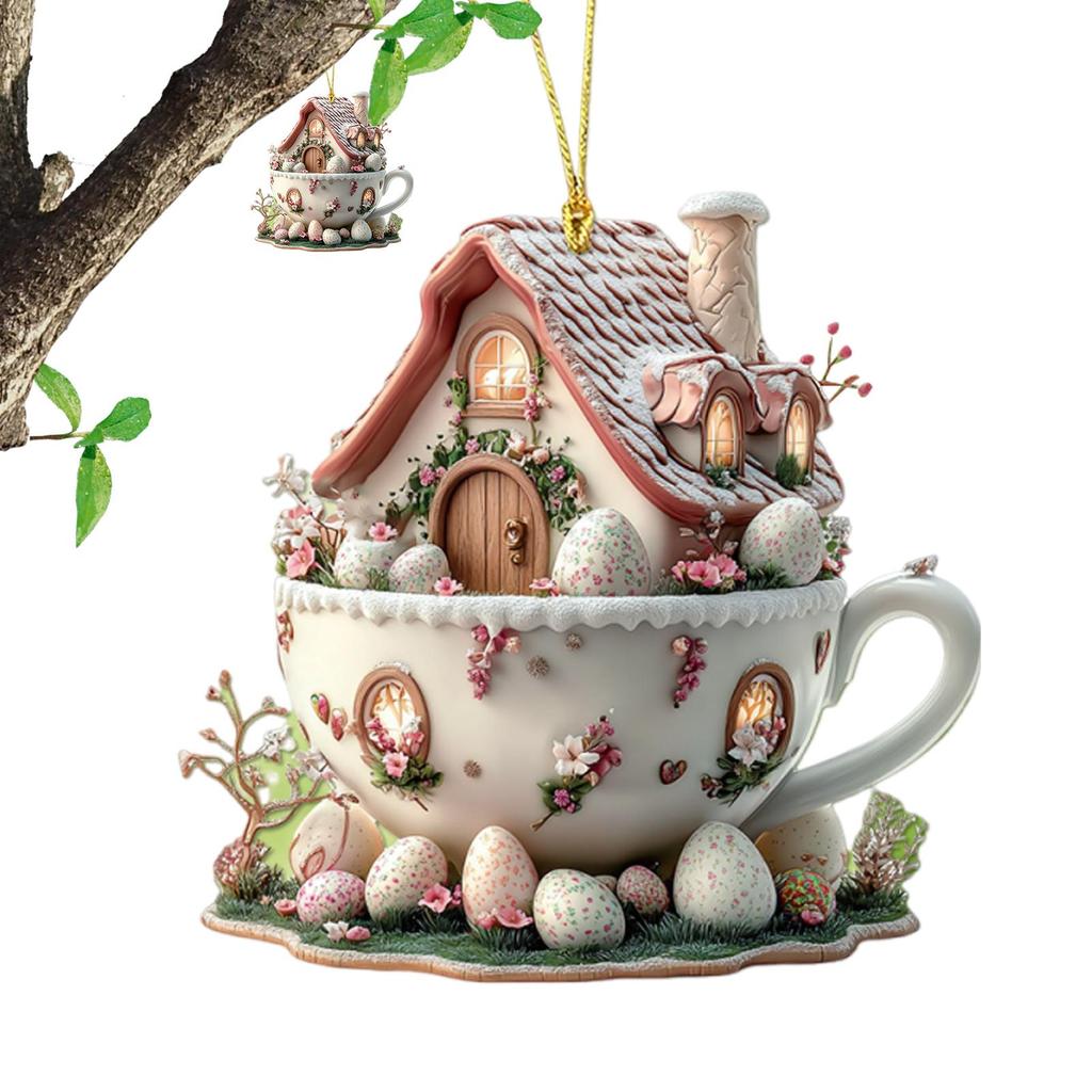 Домик с кофейной чашкой Пасхальное яйцо Украшения Домик с кофейной чашкой Пасхальное яйцо Пасхальный кулон 2D Акриловый Плоский Подвесной Декор Пасхальные украшения