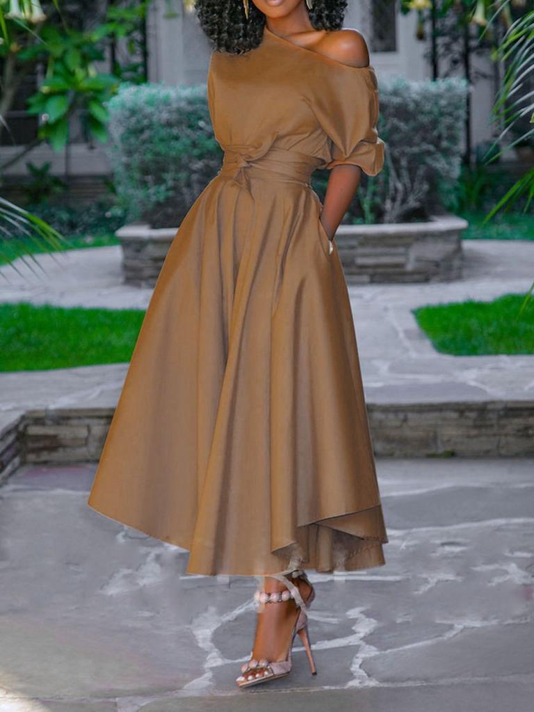 Летняя новинка, европейская и американская женская одежда, одно плечо, шнуровка на талии, платье средней длины, юбка средней длины